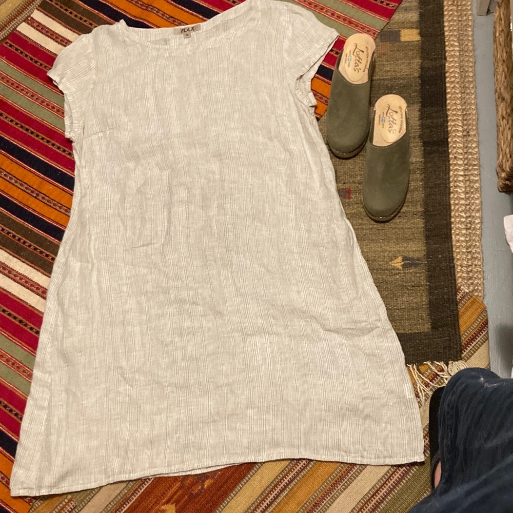 Flax 100% Linen Light Cream and Gray striped dress